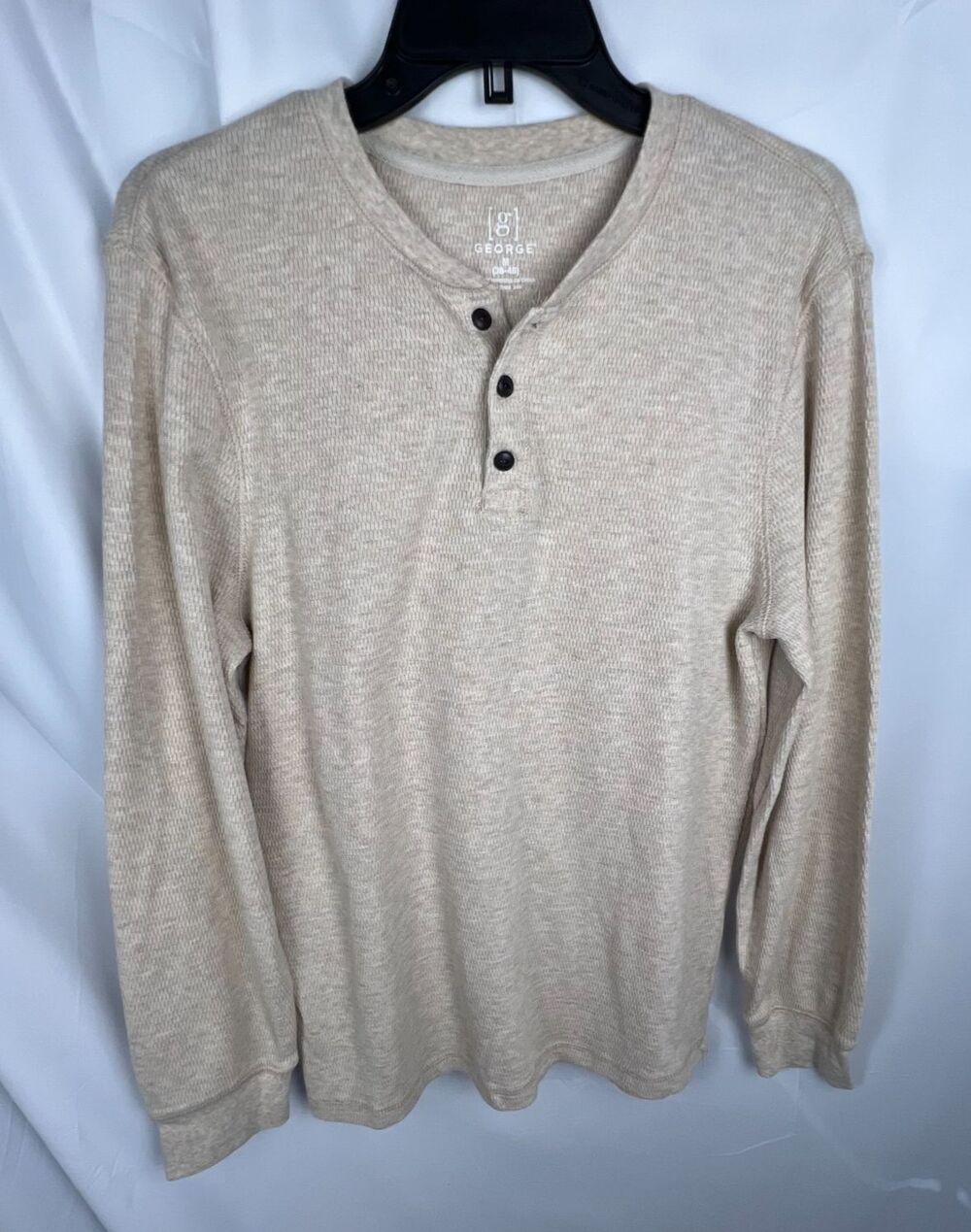 George Henley Shirt Men's Medium Cream Waffle Knit Thermal Long Sleeve Gorpcore